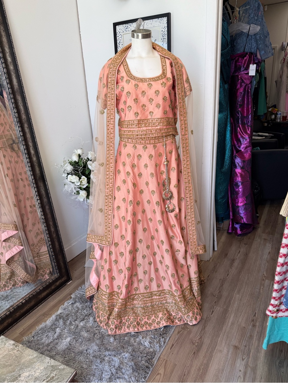 Embellished Peach Anarkali Dress with Dupatta